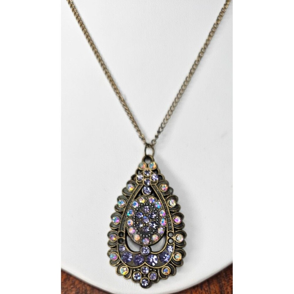 Antique AB Glass Rhinestone Teardrop Pendant Necklace 16"L